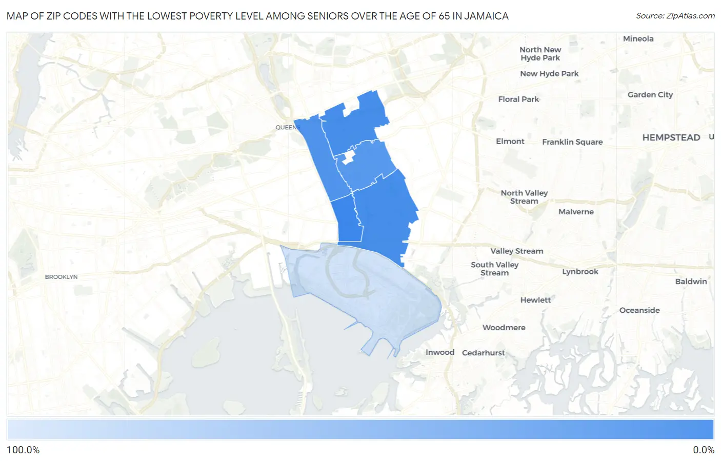 Zip Codes with the Lowest Poverty Level Among Seniors Over the Age of 65 in Jamaica Map