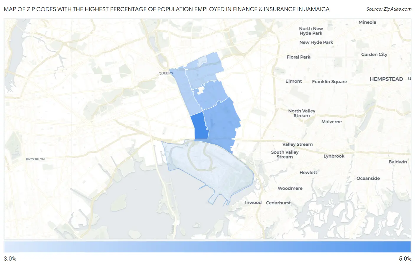 Zip Codes with the Highest Percentage of Population Employed in Finance & Insurance in Jamaica Map