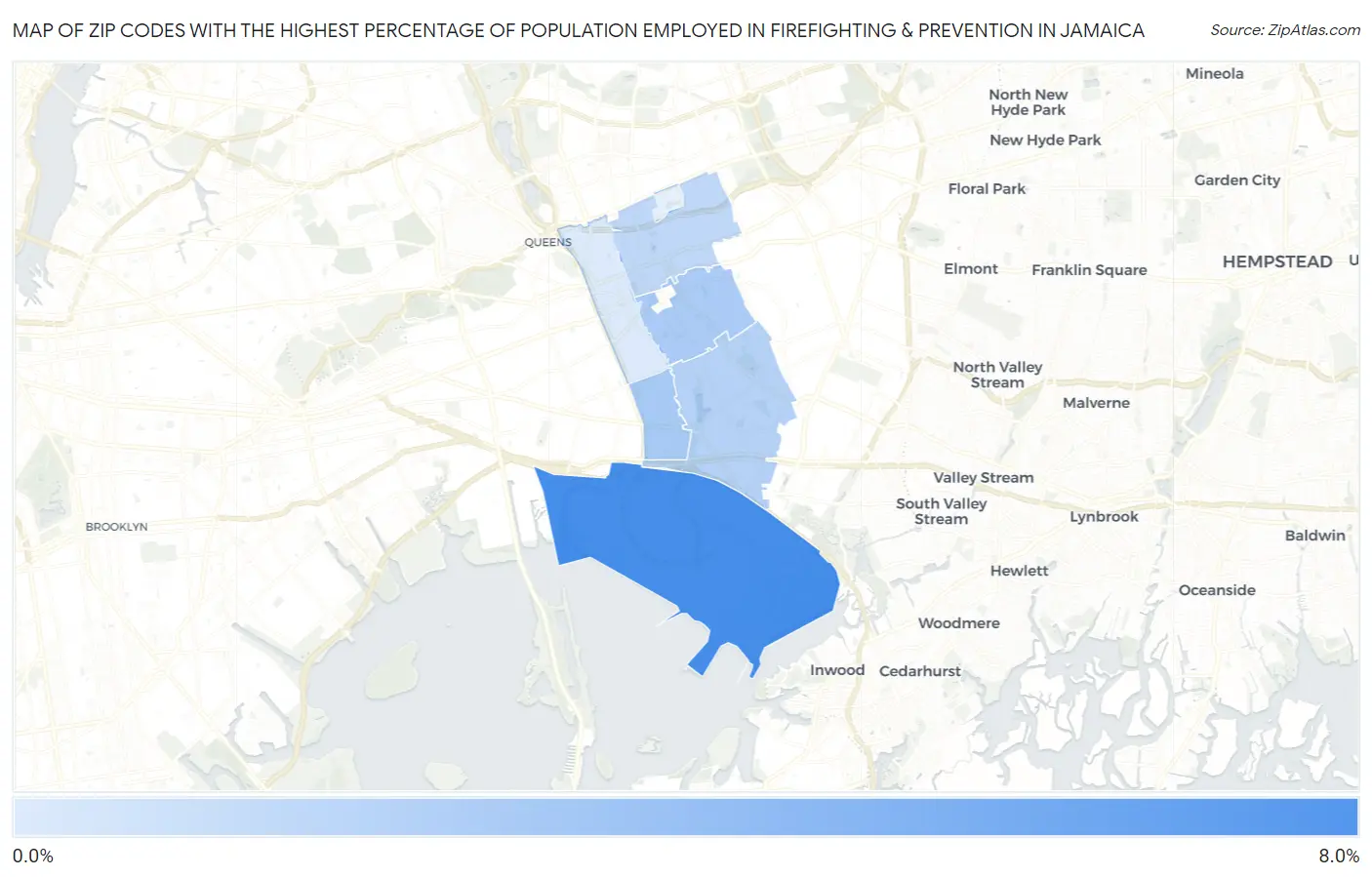 Zip Codes with the Highest Percentage of Population Employed in Firefighting & Prevention in Jamaica Map