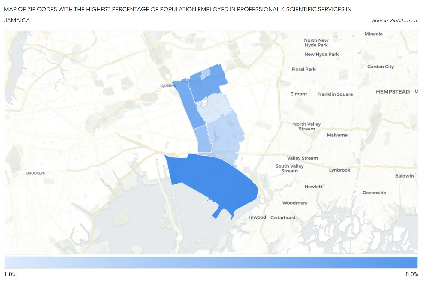 Zip Codes with the Highest Percentage of Population Employed in Professional & Scientific Services in Jamaica Map