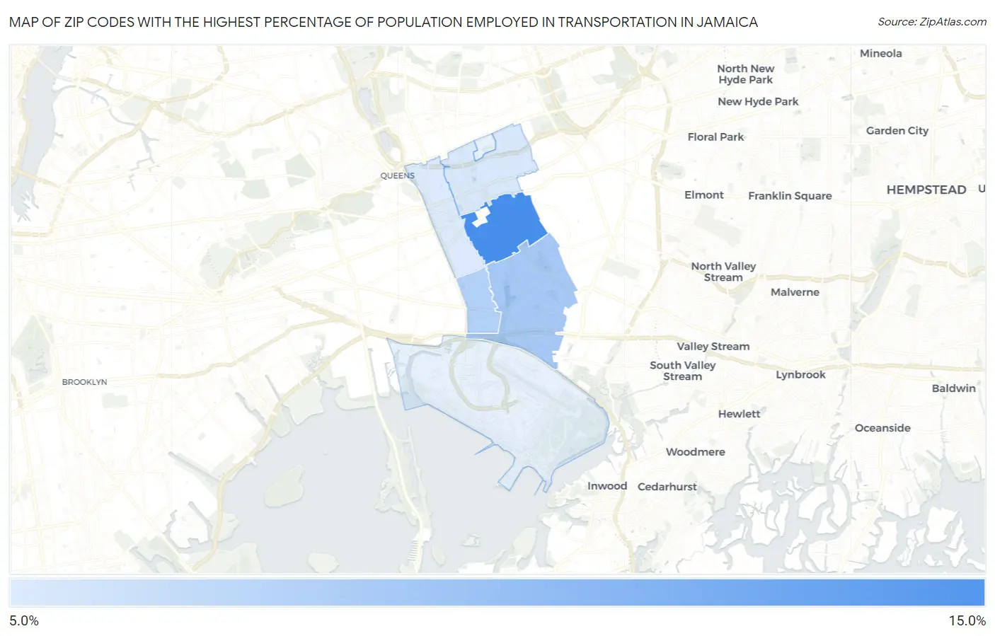 Zip Codes with the Highest Percentage of Population Employed in Transportation in Jamaica Map