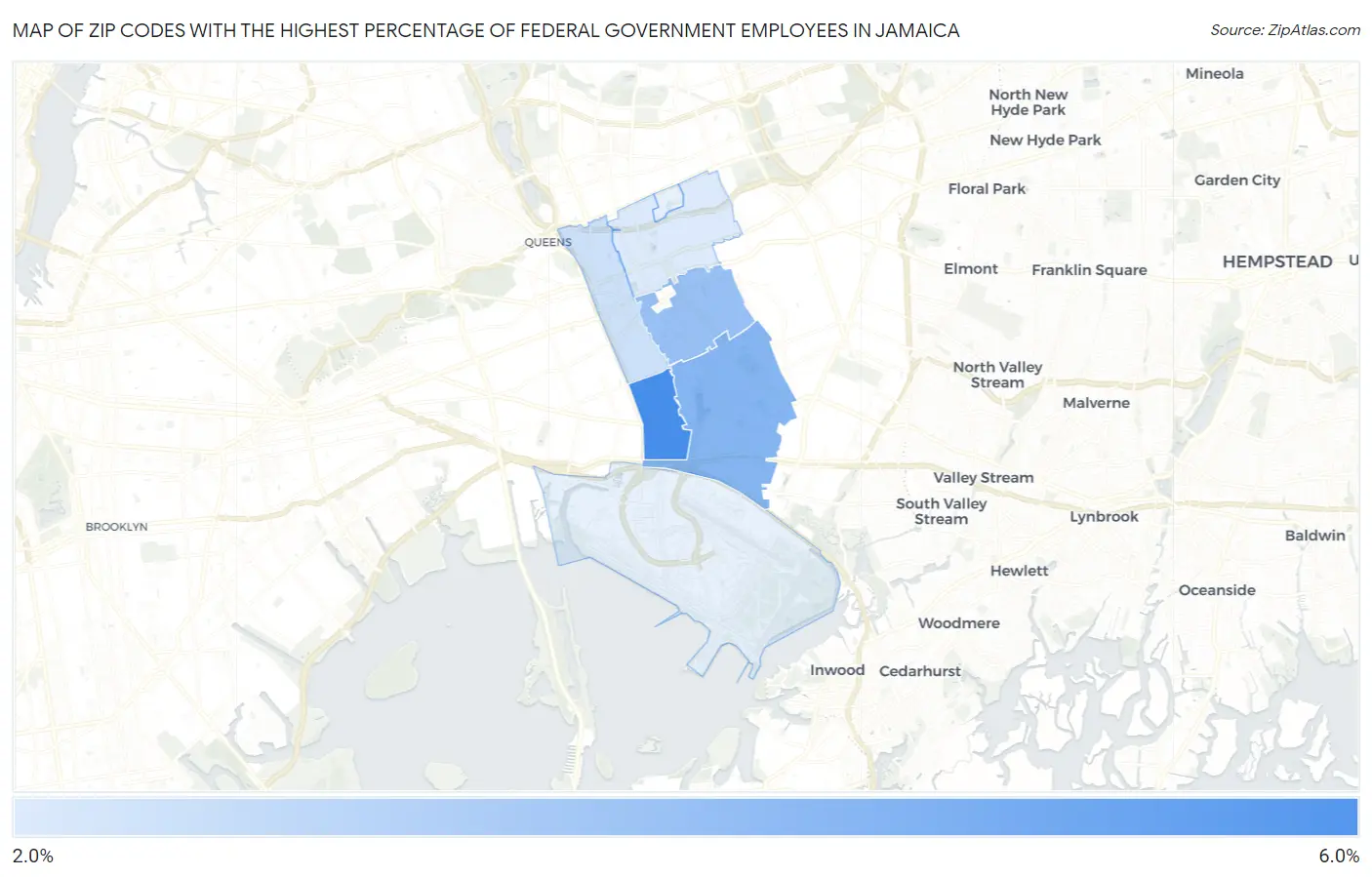 Zip Codes with the Highest Percentage of Federal Government Employees in Jamaica Map