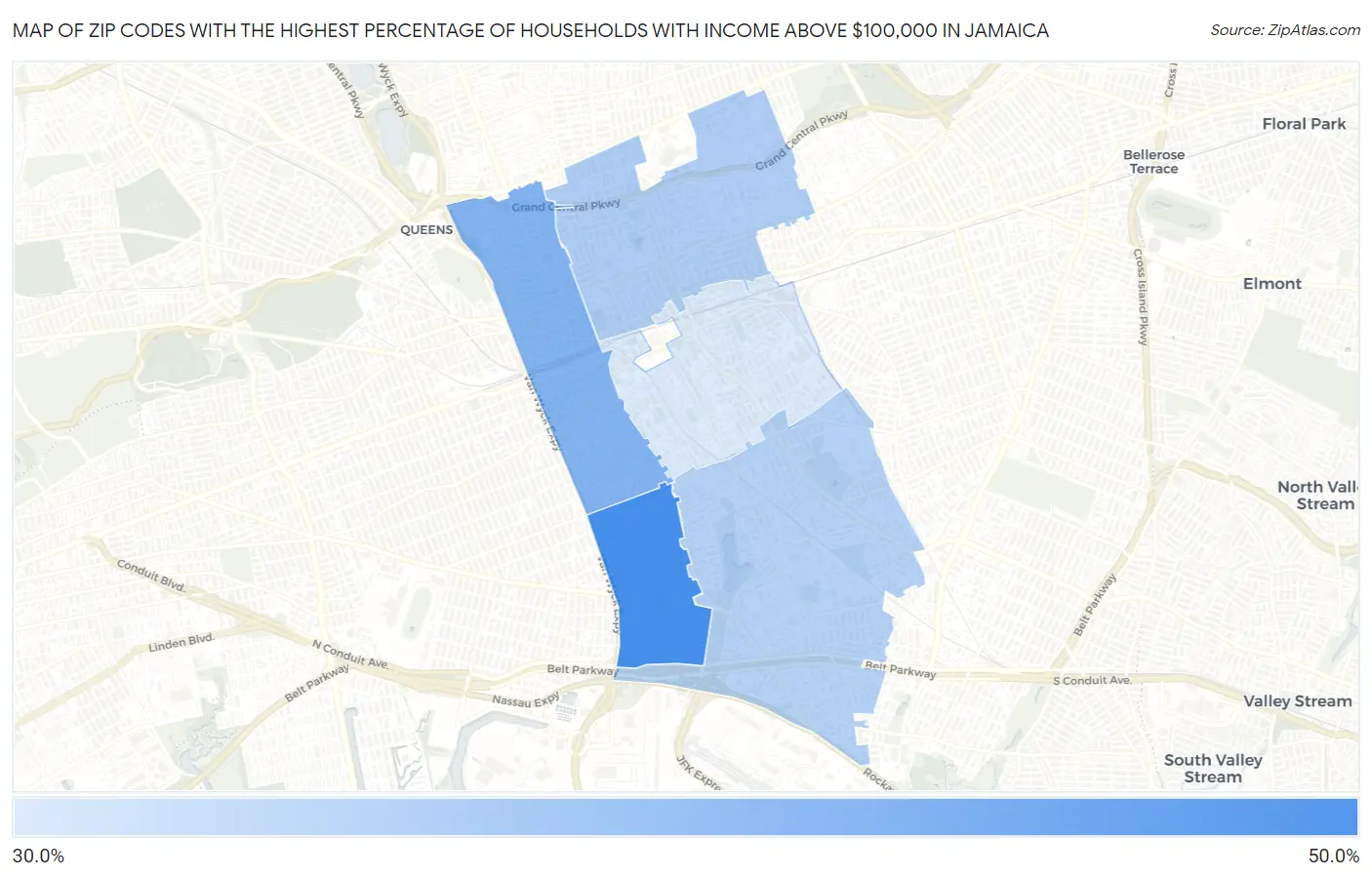 Zip Codes with the Highest Percentage of Households with Income Above $100,000 in Jamaica Map