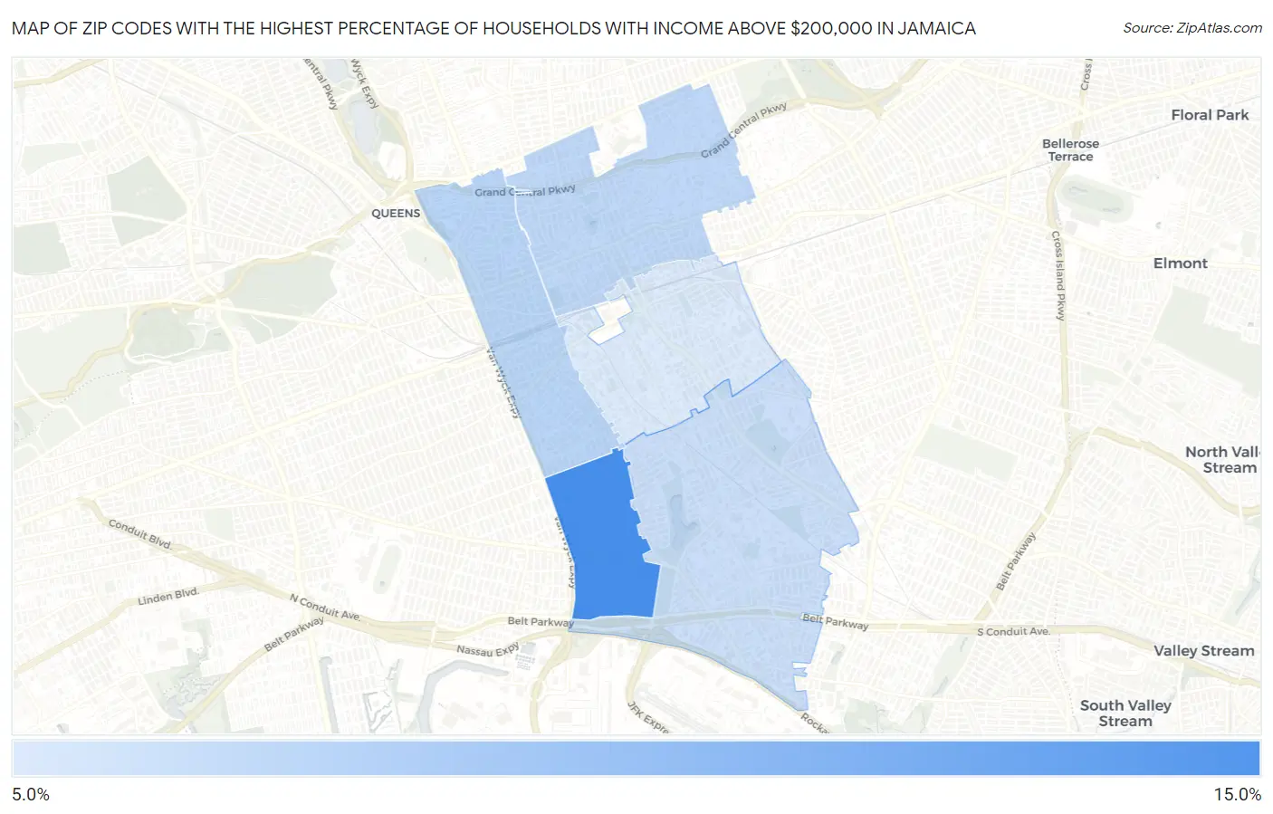 Zip Codes with the Highest Percentage of Households with Income Above $200,000 in Jamaica Map