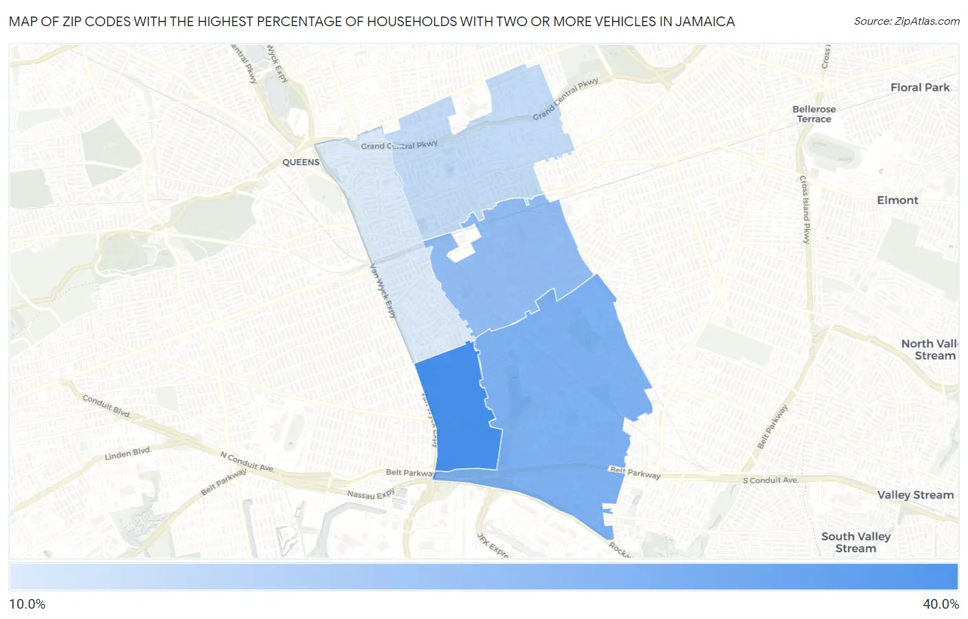 Zip Codes with the Highest Percentage of Households With Two or more Vehicles in Jamaica Map