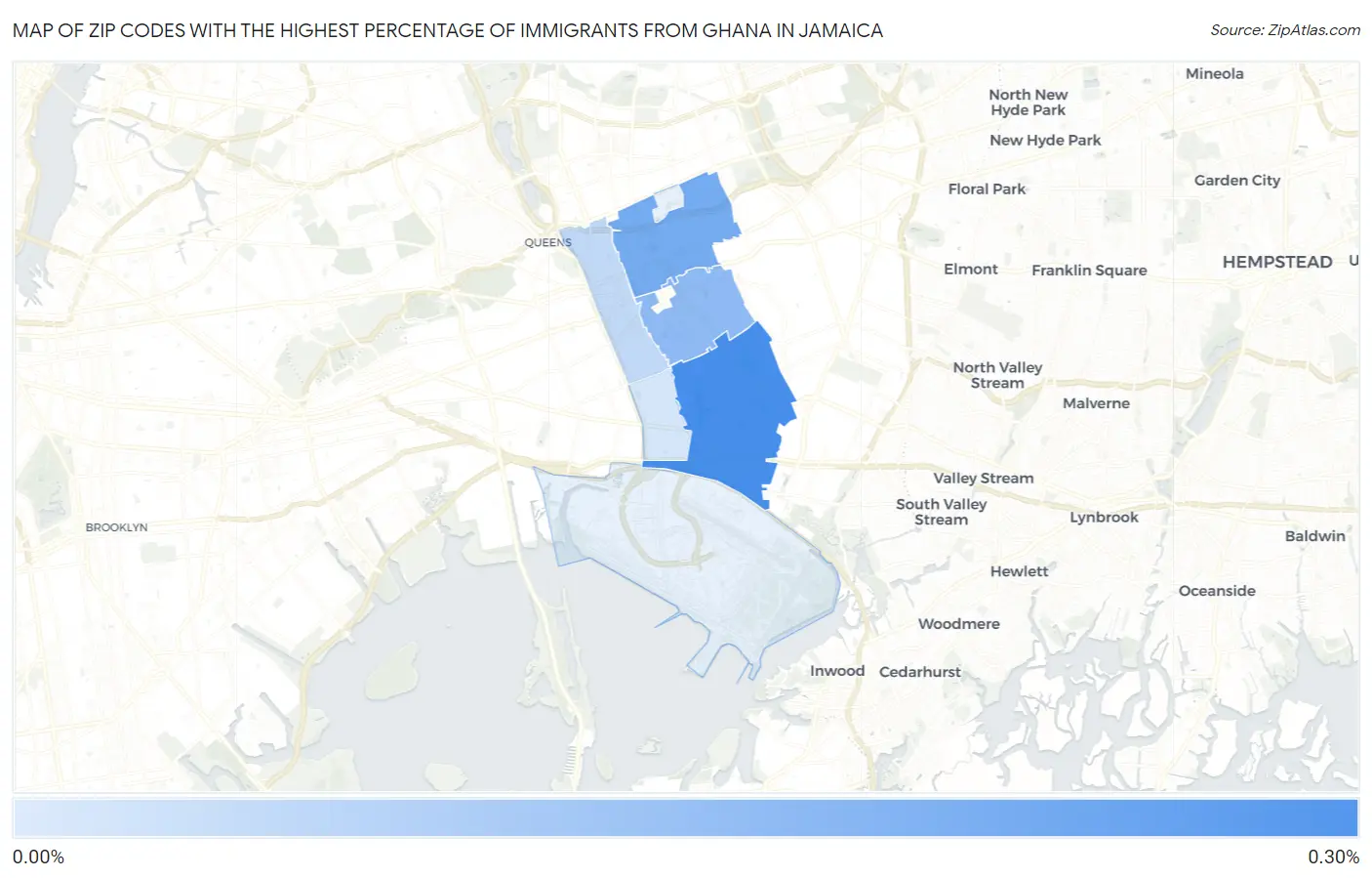 Zip Codes with the Highest Percentage of Immigrants from Ghana in Jamaica Map