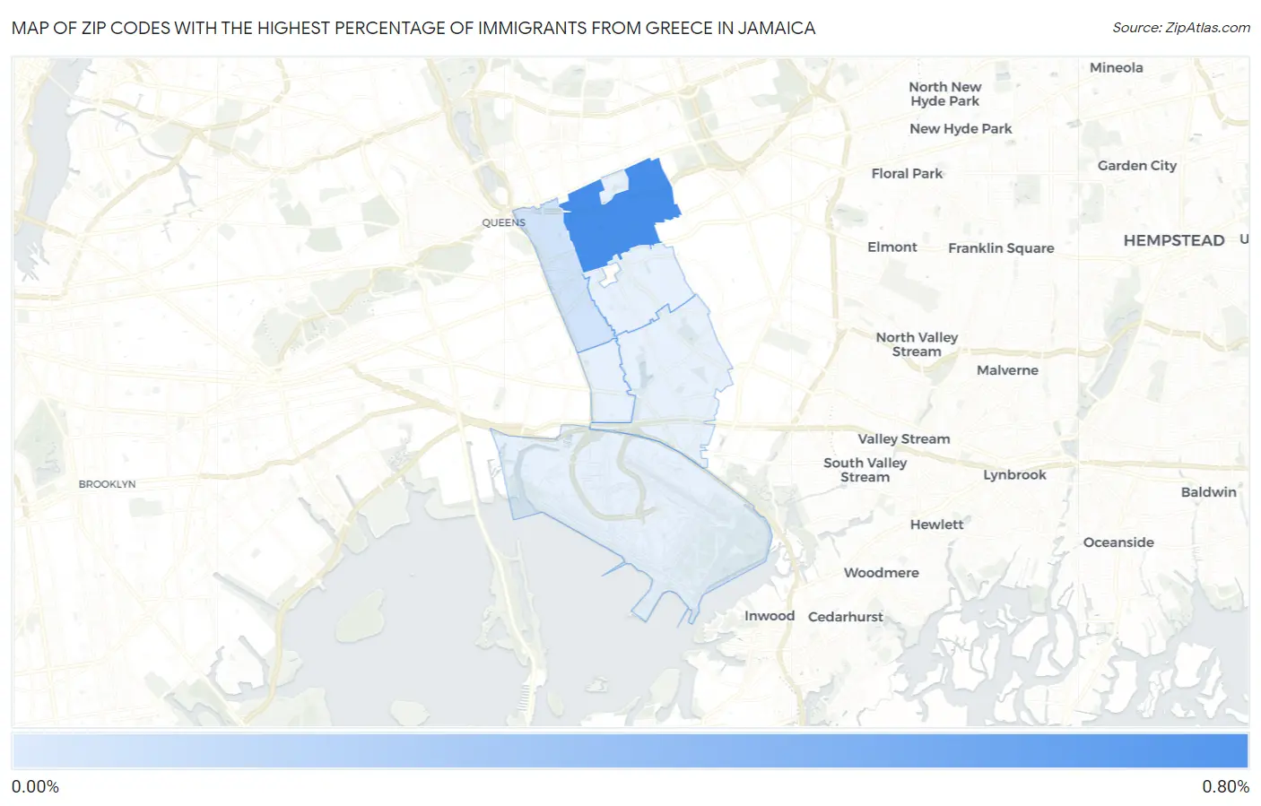 Zip Codes with the Highest Percentage of Immigrants from Greece in Jamaica Map