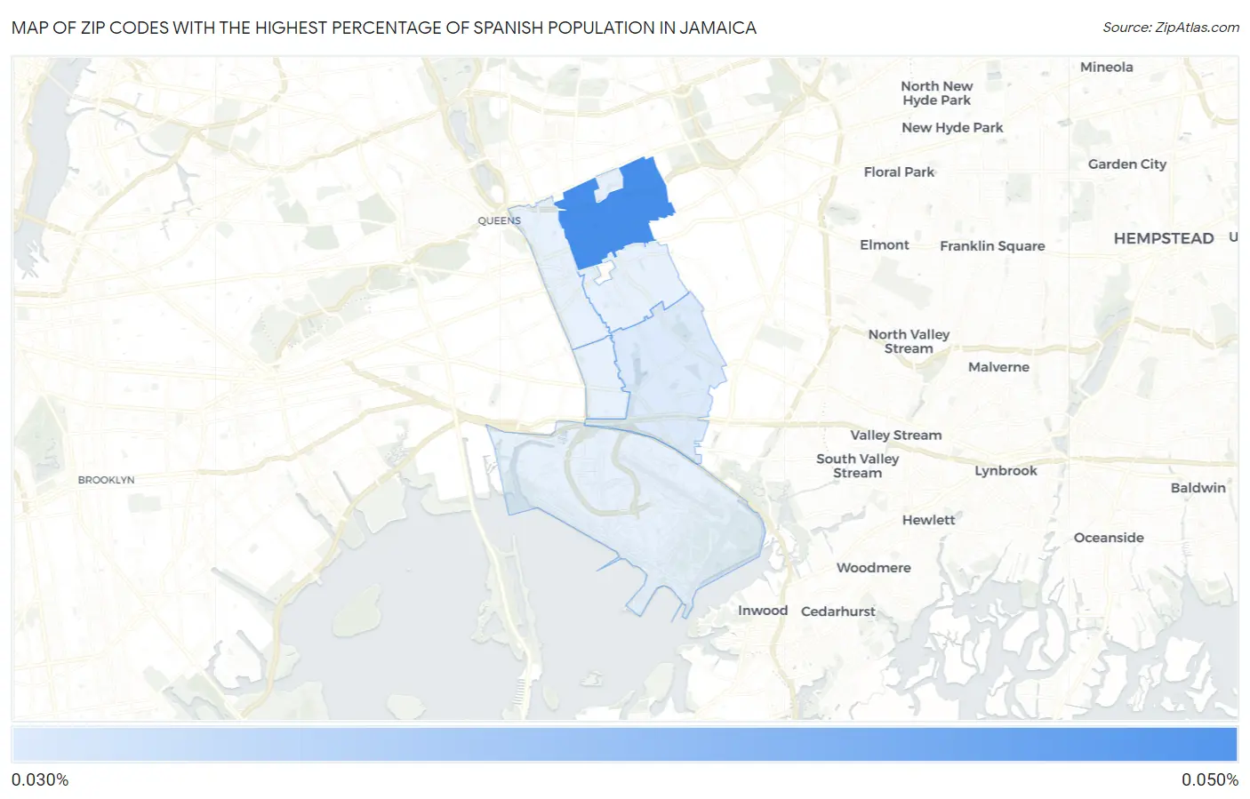 Zip Codes with the Highest Percentage of Spanish Population in Jamaica Map