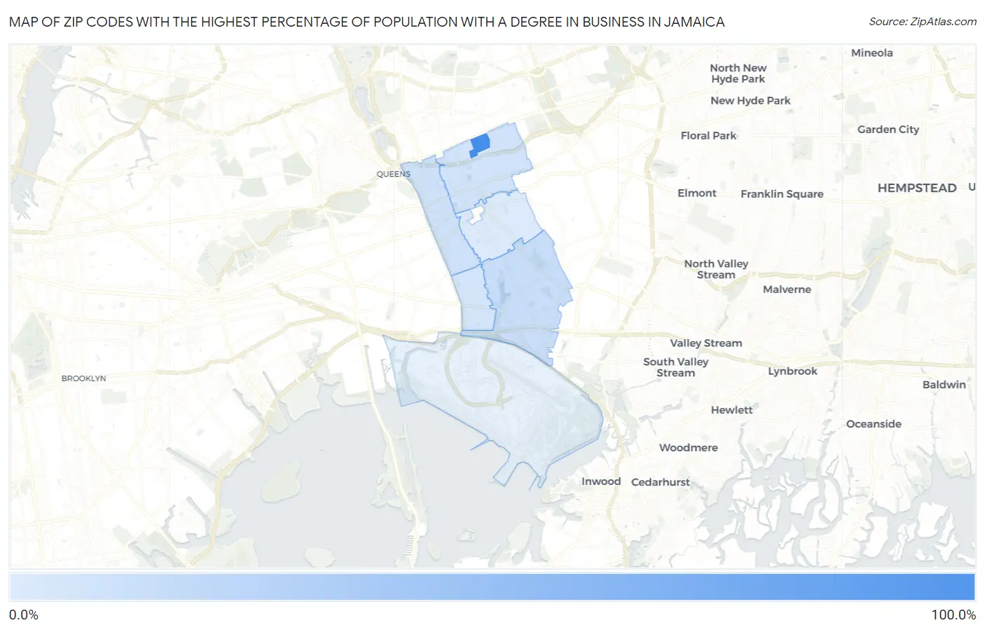 Zip Codes with the Highest Percentage of Population with a Degree in Business in Jamaica Map