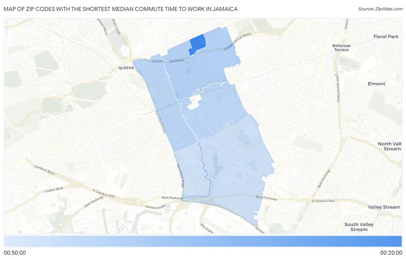 Zip Codes with the Shortest Median Commute Time to Work in Jamaica Map