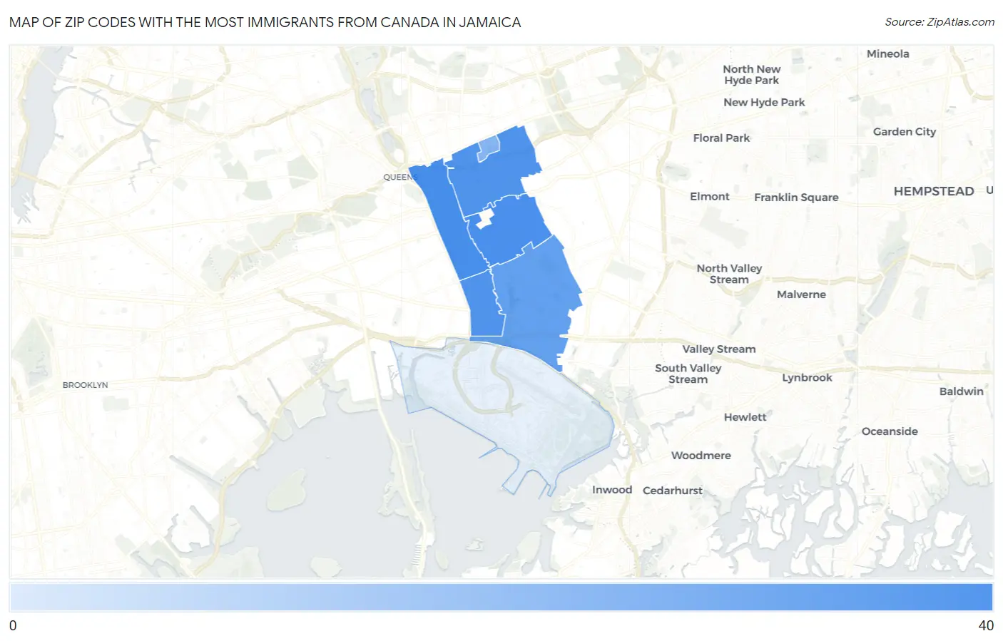 Zip Codes with the Most Immigrants from Canada in Jamaica Map
