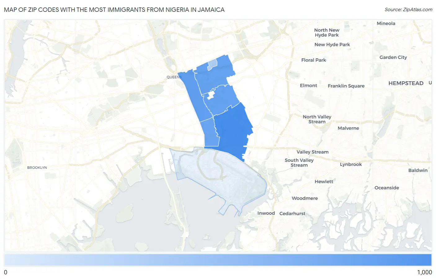 Zip Codes with the Most Immigrants from Nigeria in Jamaica Map