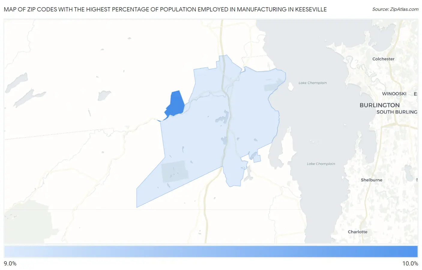 Zip Codes with the Highest Percentage of Population Employed in Manufacturing in Keeseville Map