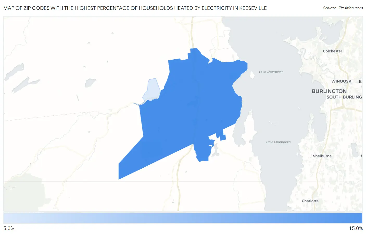 Zip Codes with the Highest Percentage of Households Heated by Electricity in Keeseville Map