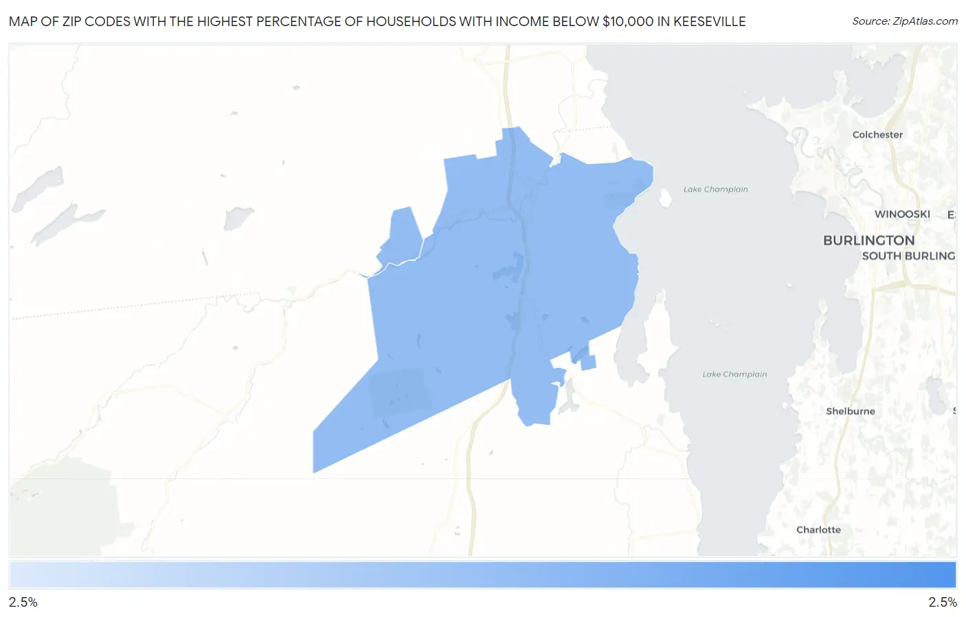 Zip Codes with the Highest Percentage of Households with Income Below $10,000 in Keeseville Map