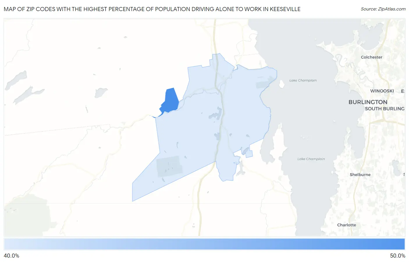 Zip Codes with the Highest Percentage of Population Driving Alone to Work in Keeseville Map