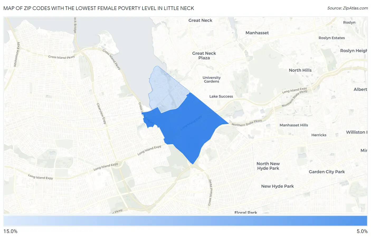 Zip Codes with the Lowest Female Poverty Level in Little Neck Map