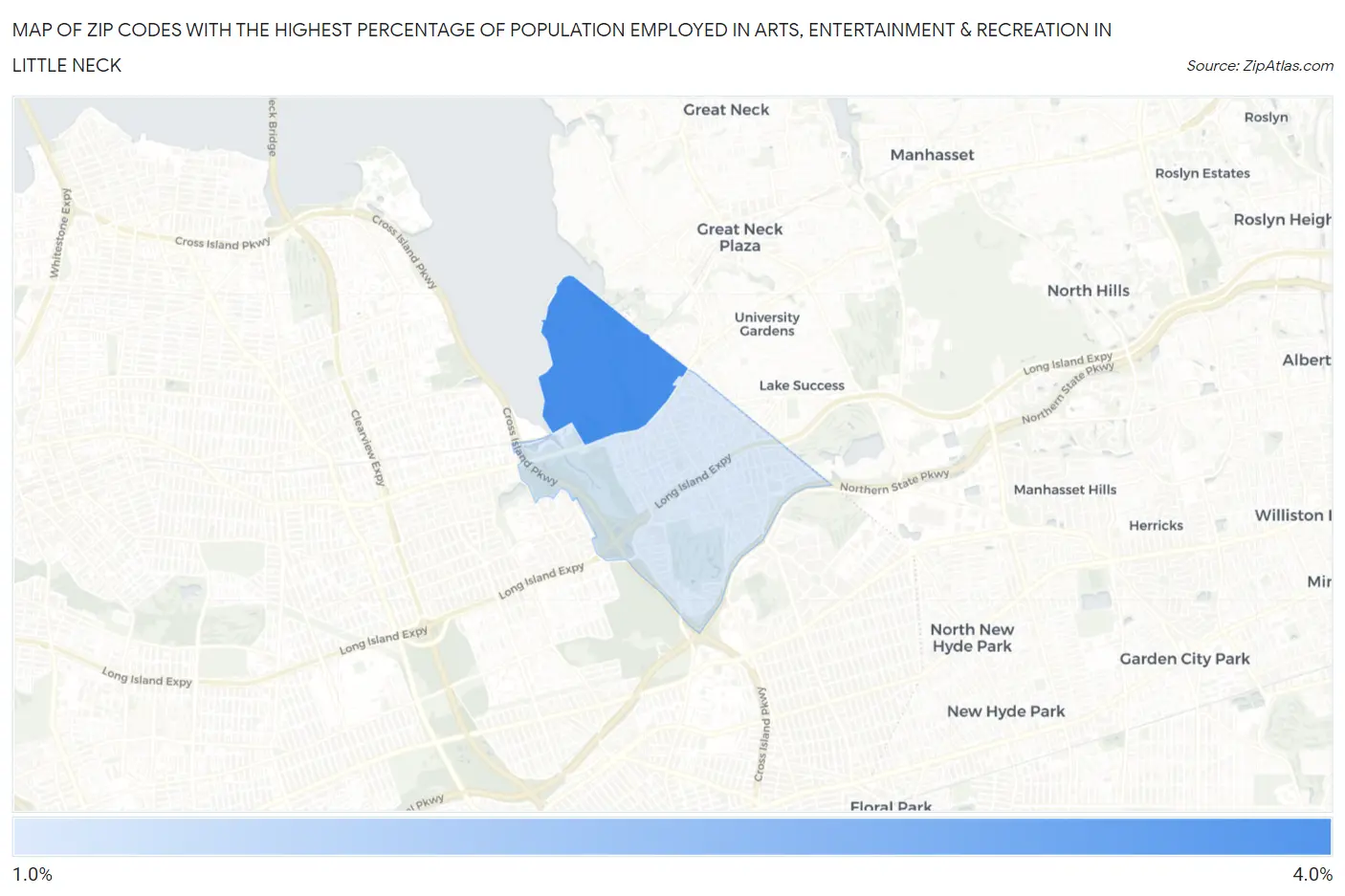 Zip Codes with the Highest Percentage of Population Employed in Arts, Entertainment & Recreation in Little Neck Map