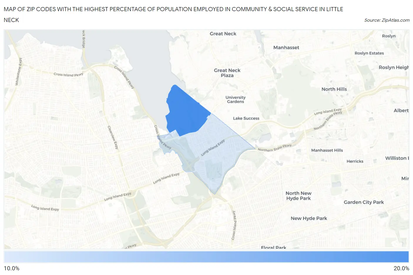 Zip Codes with the Highest Percentage of Population Employed in Community & Social Service  in Little Neck Map