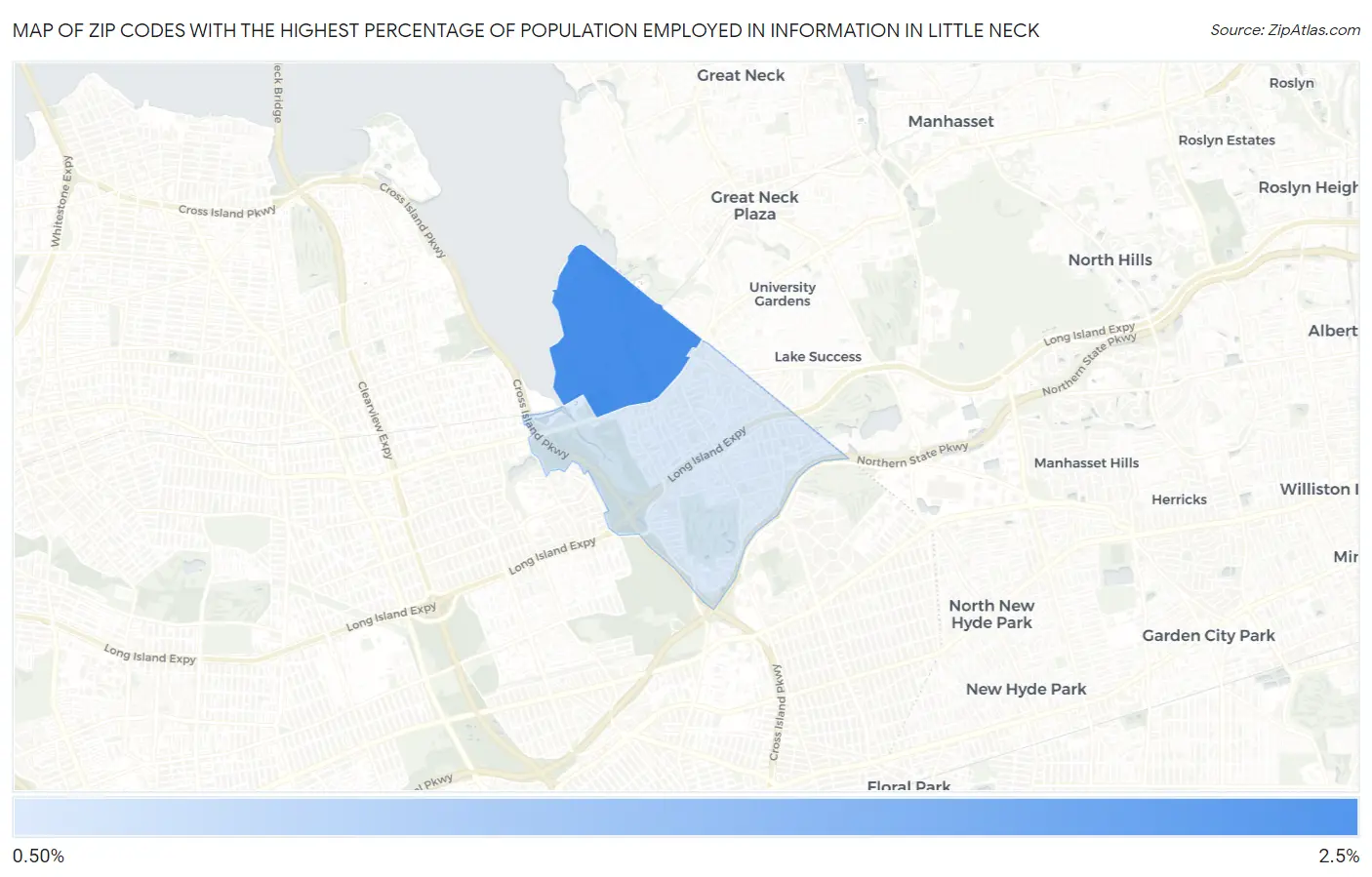 Zip Codes with the Highest Percentage of Population Employed in Information in Little Neck Map