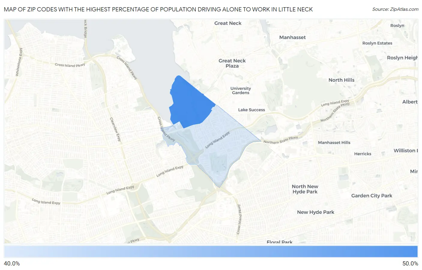 Zip Codes with the Highest Percentage of Population Driving Alone to Work in Little Neck Map