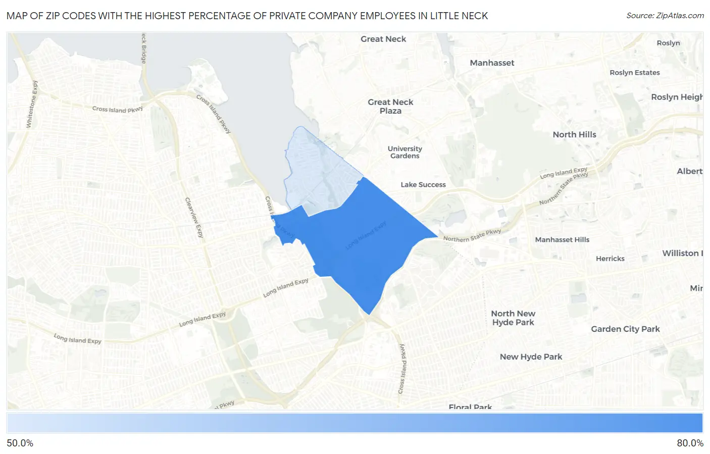 Zip Codes with the Highest Percentage of Private Company Employees in Little Neck Map