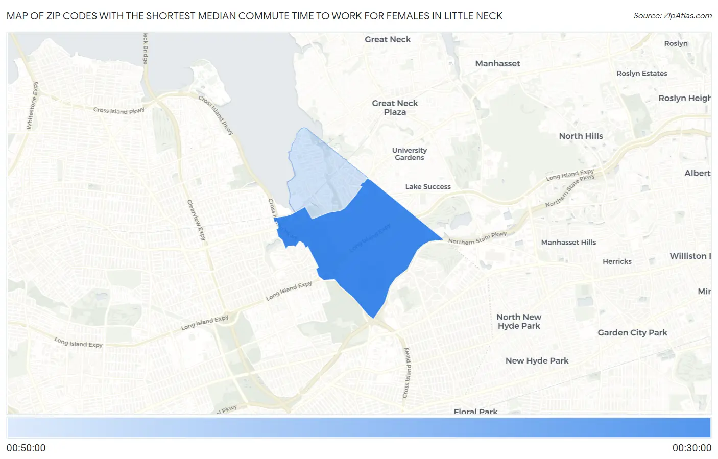 Zip Codes with the Shortest Median Commute Time to Work for Females in Little Neck Map