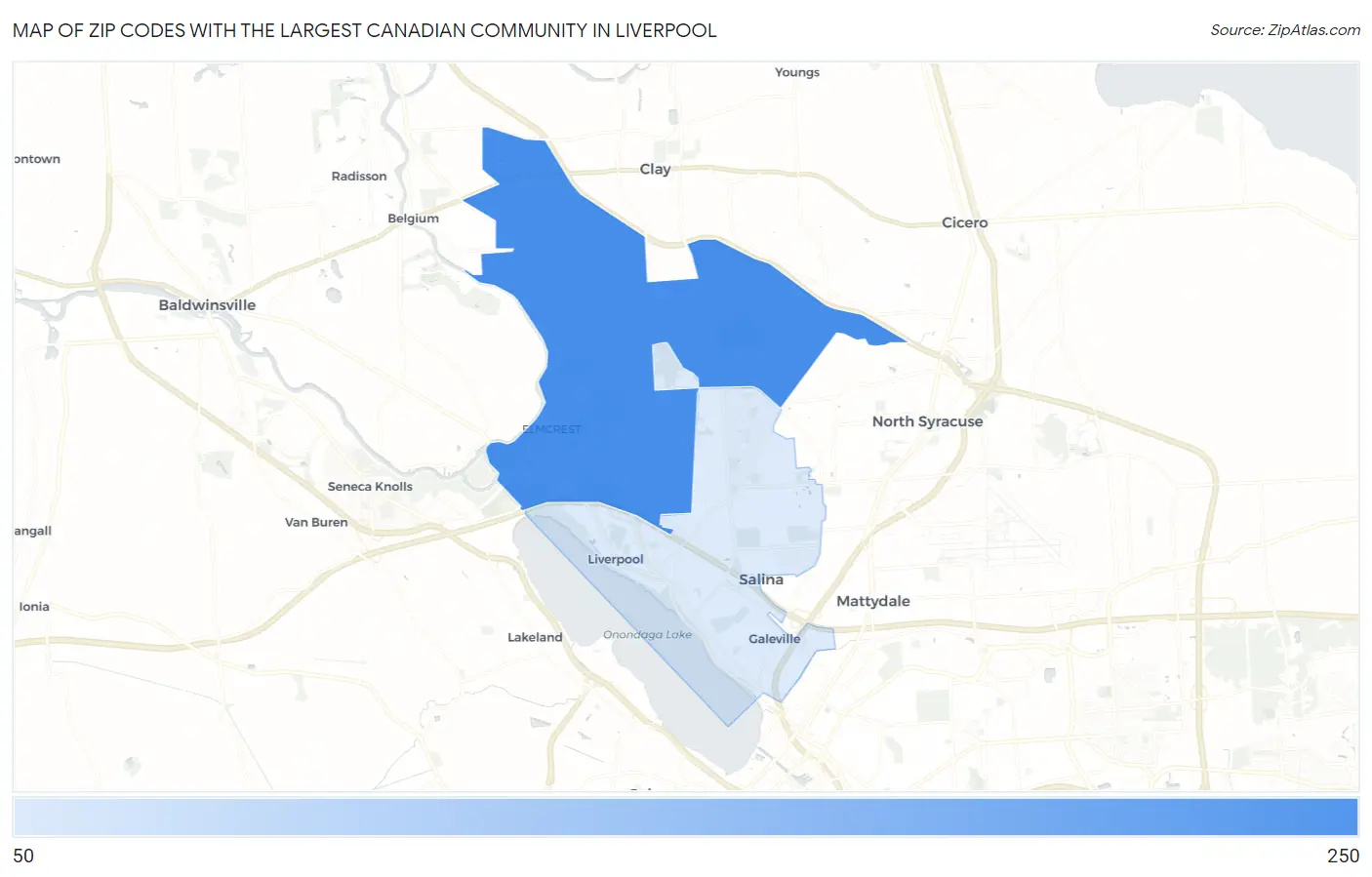 Zip Codes with the Largest Canadian Community in Liverpool Map