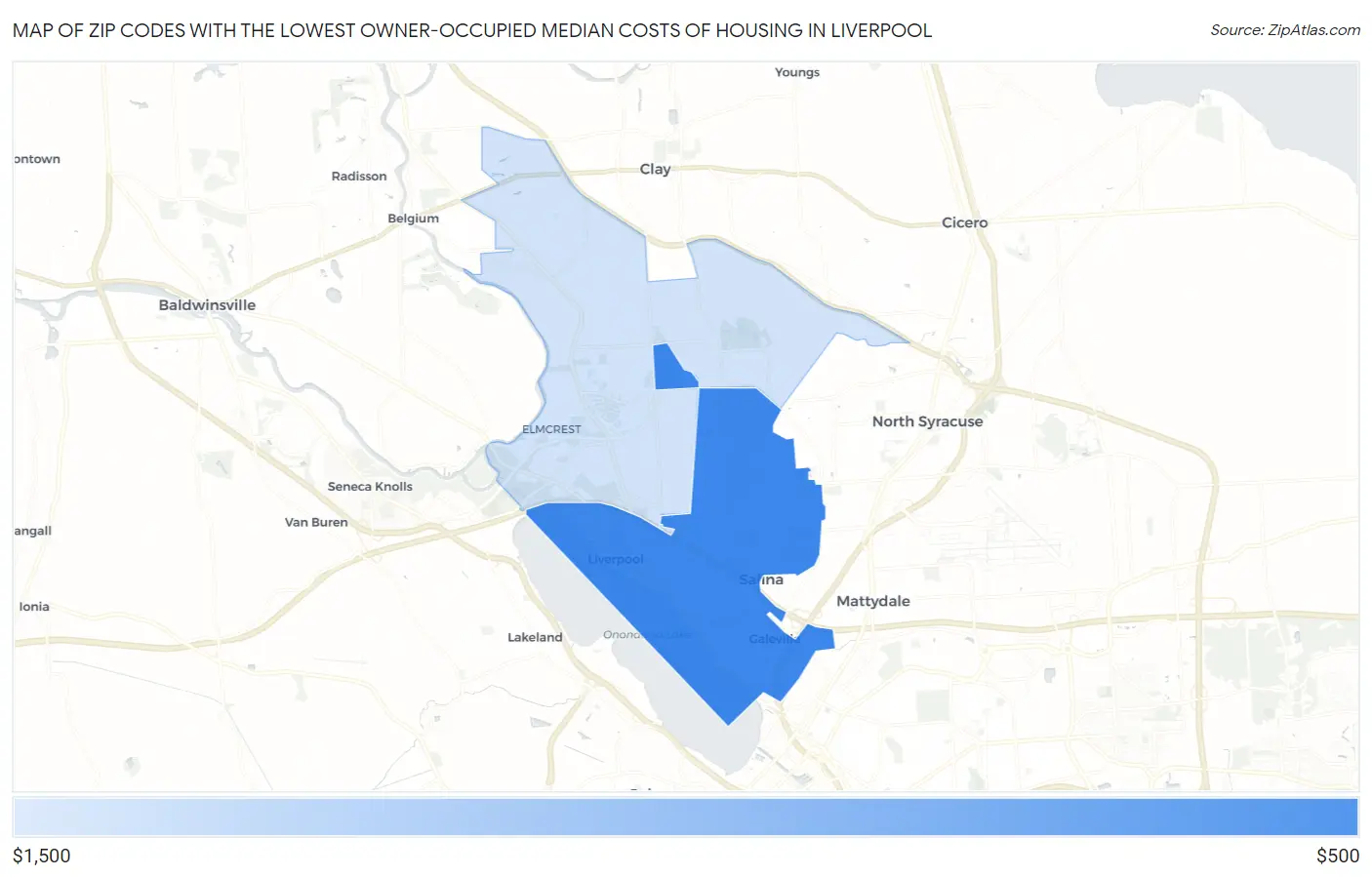 Zip Codes with the Lowest Owner-Occupied Median Costs of Housing in Liverpool Map