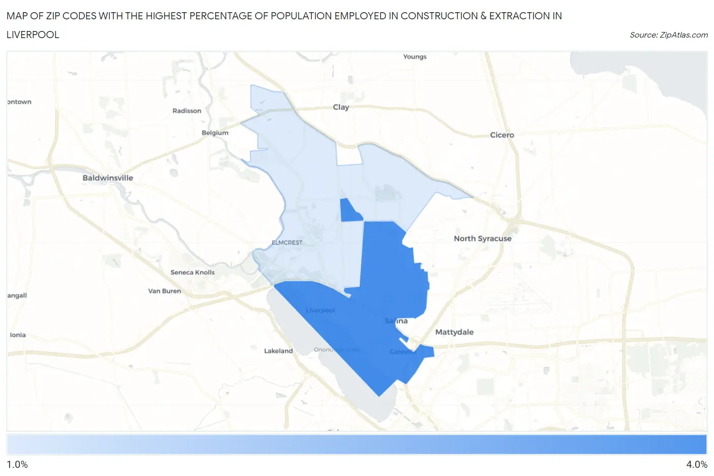 Zip Codes with the Highest Percentage of Population Employed in Construction & Extraction in Liverpool Map