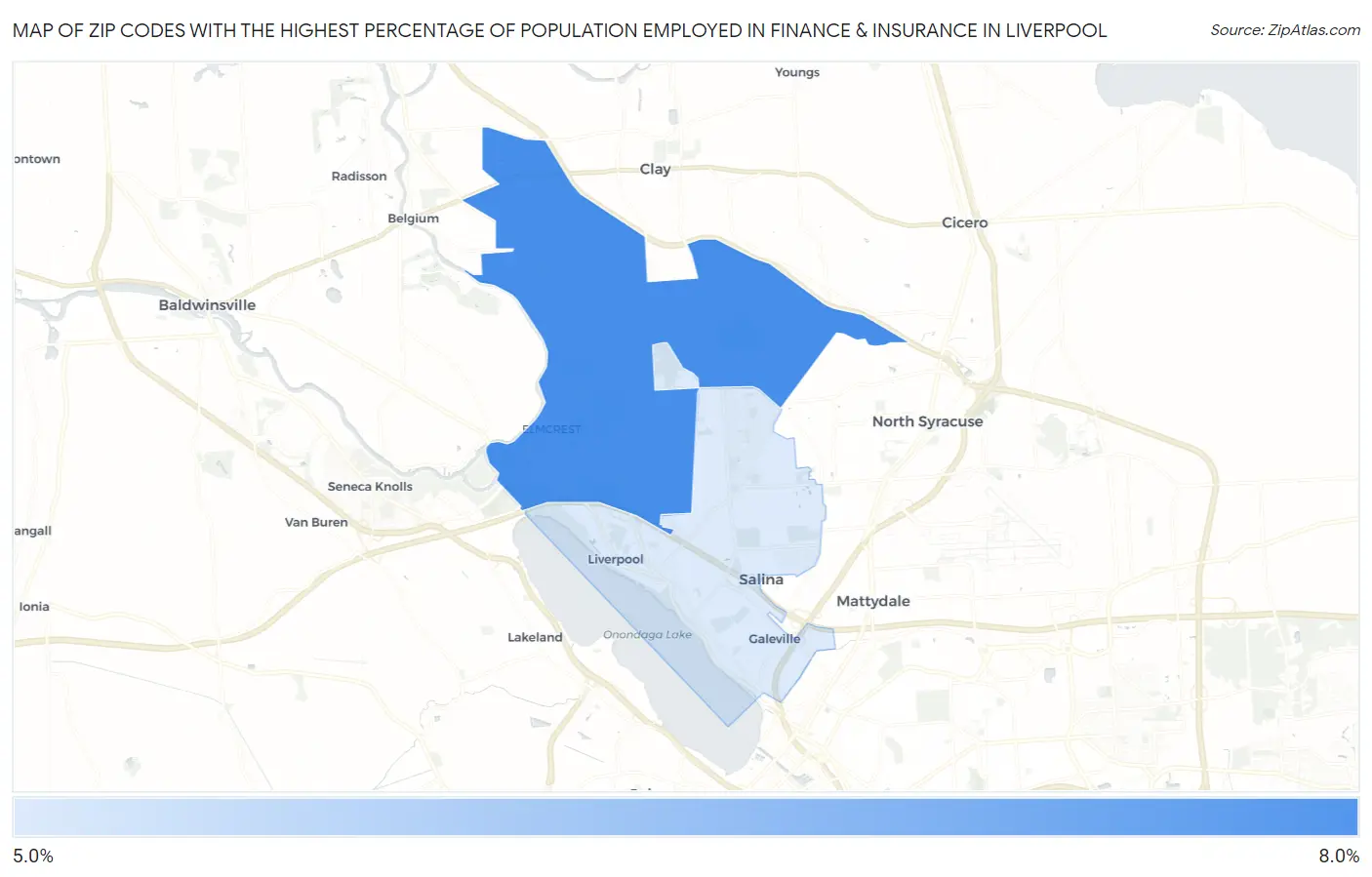 Zip Codes with the Highest Percentage of Population Employed in Finance & Insurance in Liverpool Map