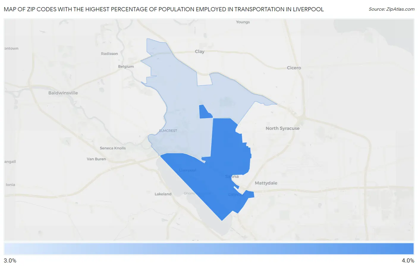 Zip Codes with the Highest Percentage of Population Employed in Transportation in Liverpool Map
