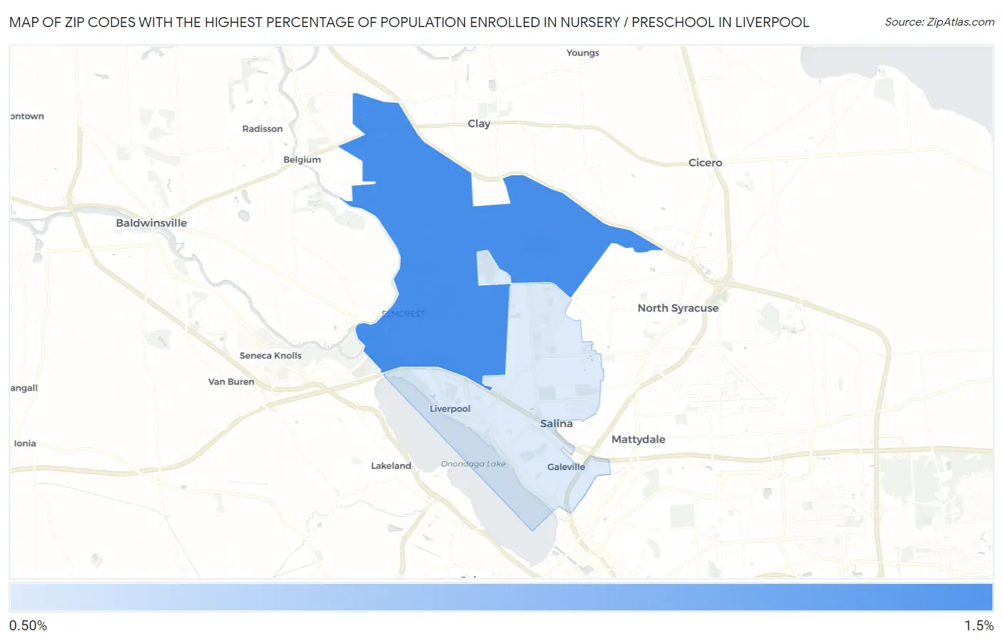 Zip Codes with the Highest Percentage of Population Enrolled in Nursery / Preschool in Liverpool Map