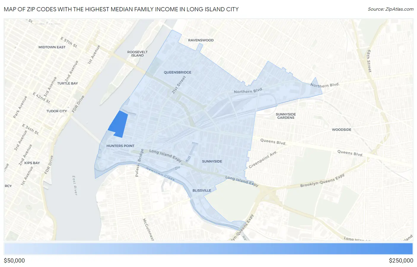 Zip Codes with the Highest Median Family Income in Long Island City Map