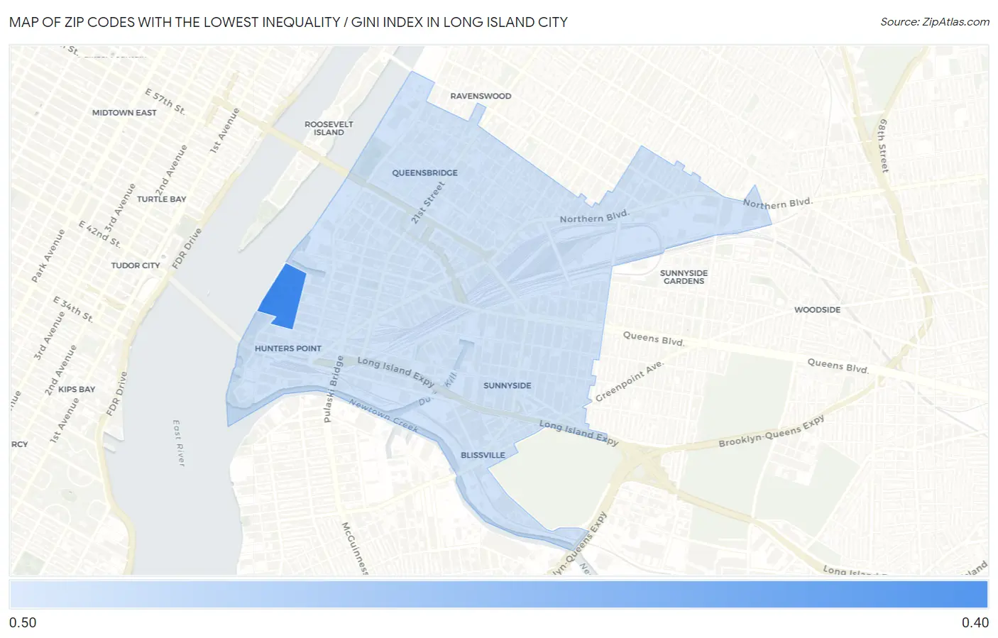 Zip Codes with the Lowest Inequality / Gini Index in Long Island City Map