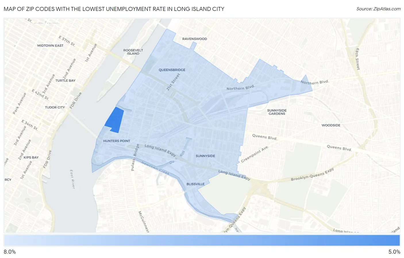 Zip Codes with the Lowest Unemployment Rate in Long Island City Map