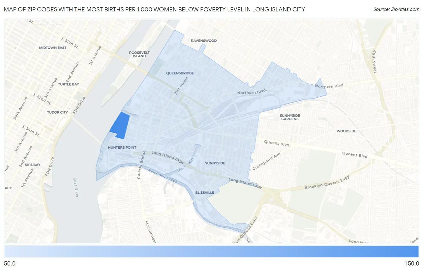 Zip Codes with the Most Births per 1,000 Women Below Poverty Level in Long Island City Map