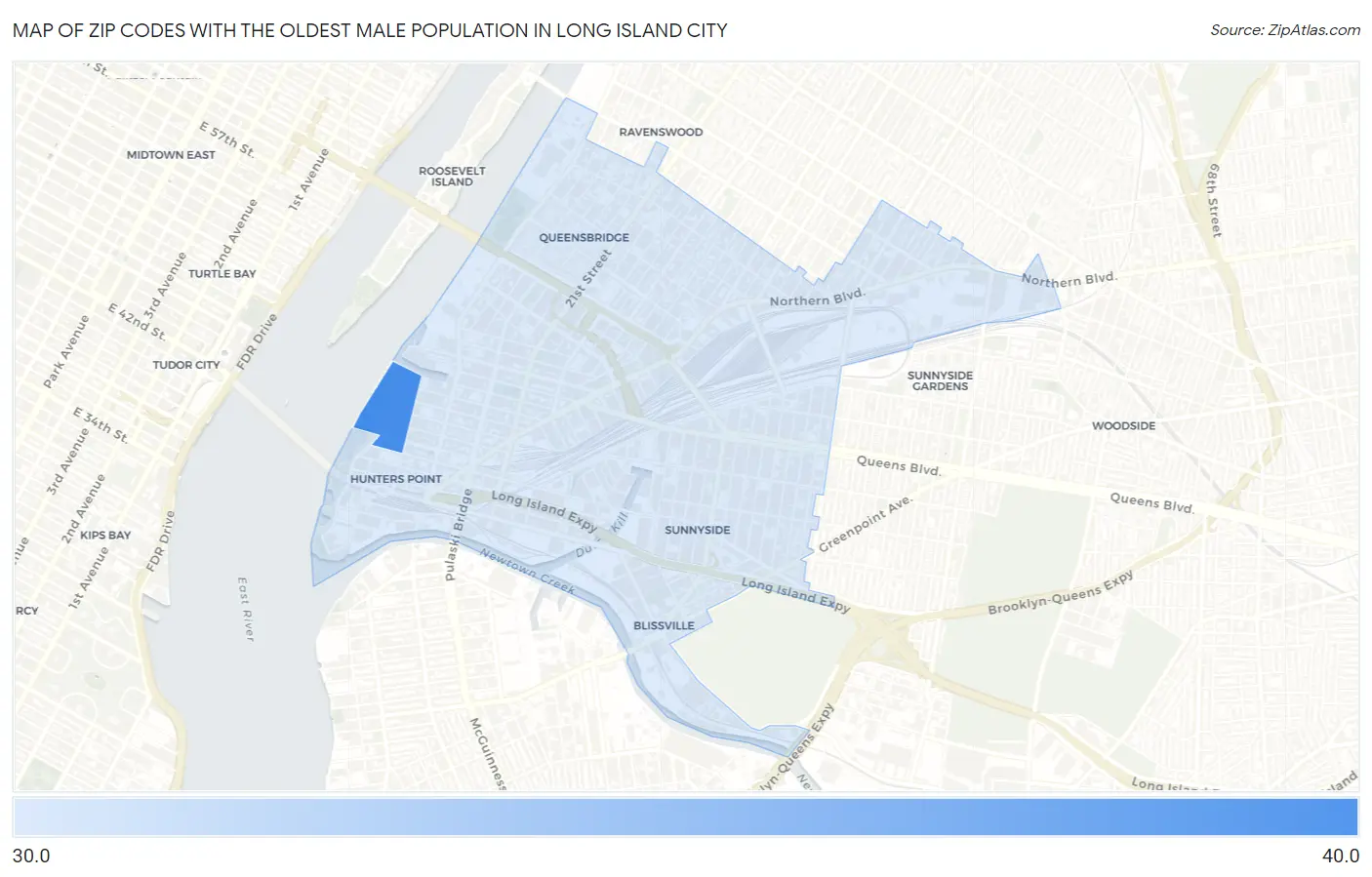 Zip Codes with the Oldest Male Population in Long Island City Map