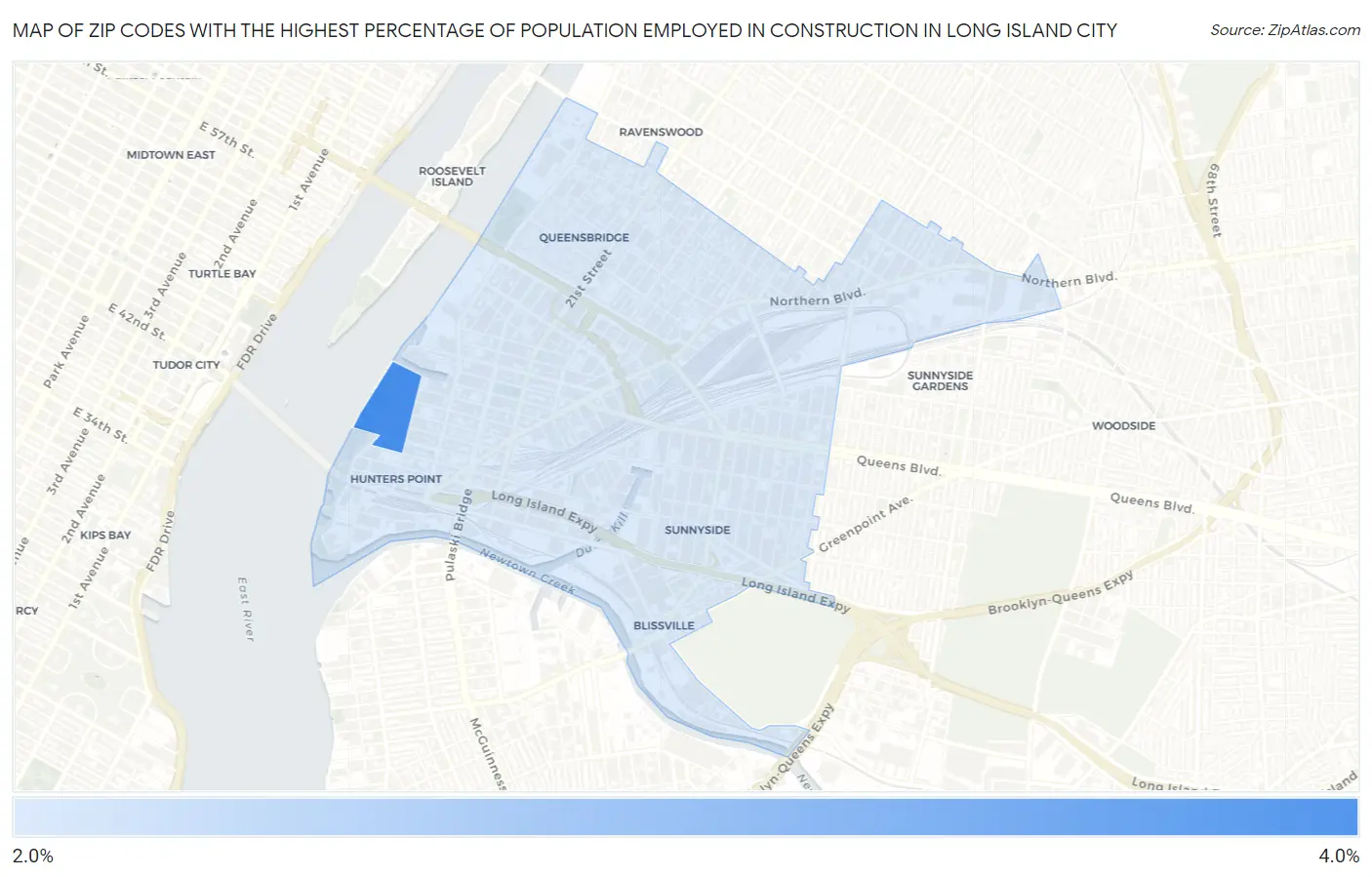 Zip Codes with the Highest Percentage of Population Employed in Construction in Long Island City Map
