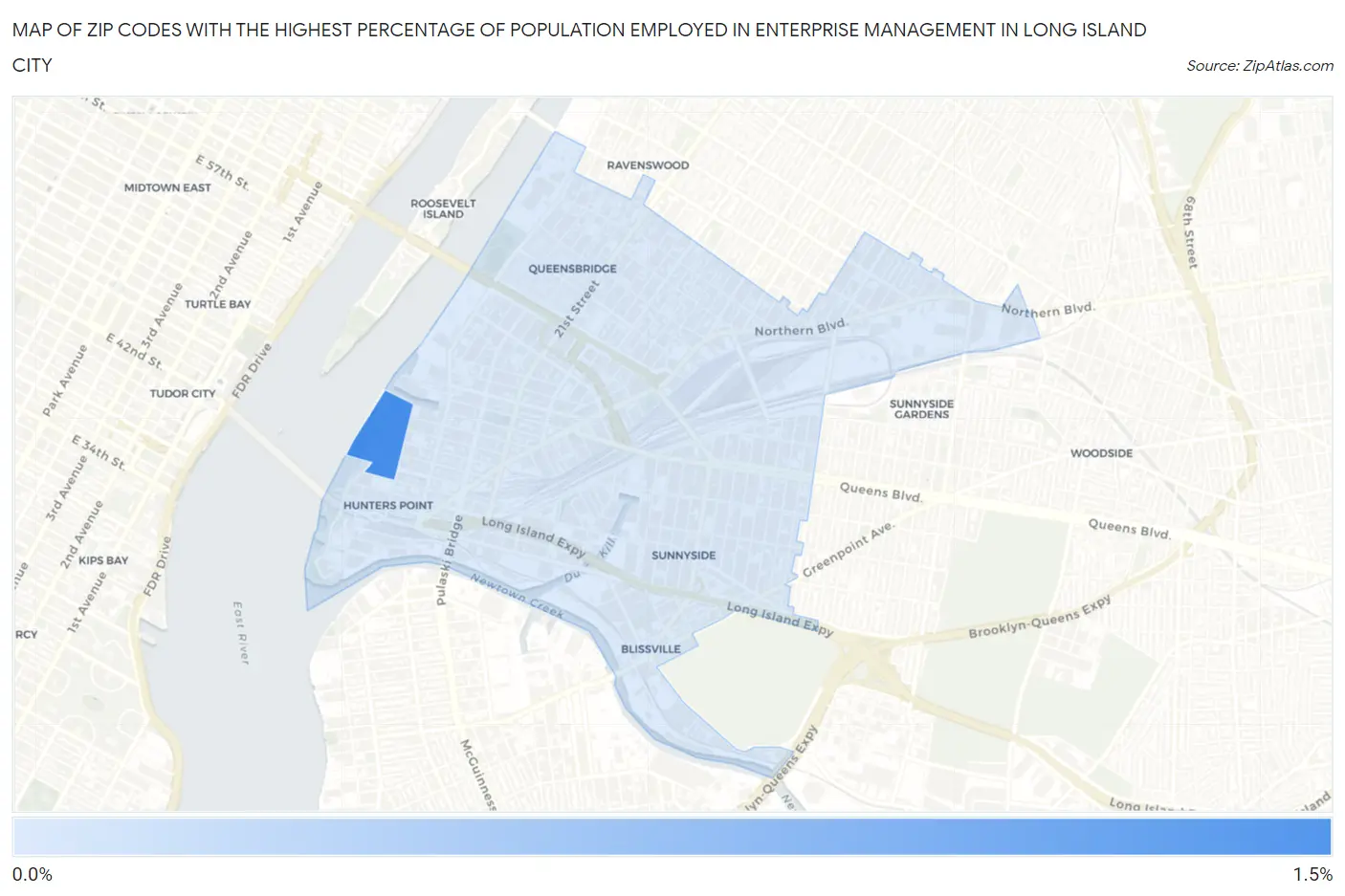 Zip Codes with the Highest Percentage of Population Employed in Enterprise Management in Long Island City Map