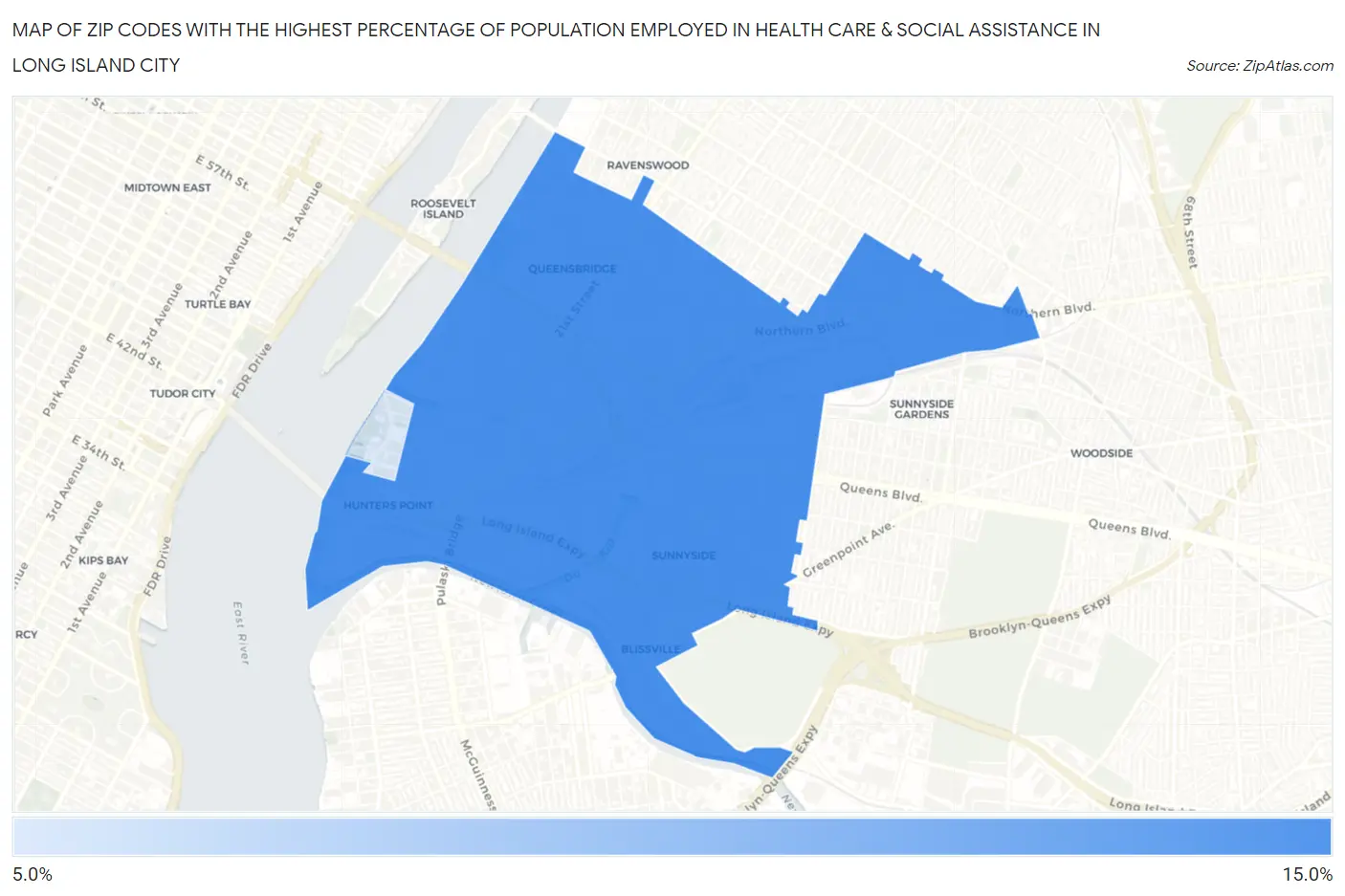 Zip Codes with the Highest Percentage of Population Employed in Health Care & Social Assistance in Long Island City Map