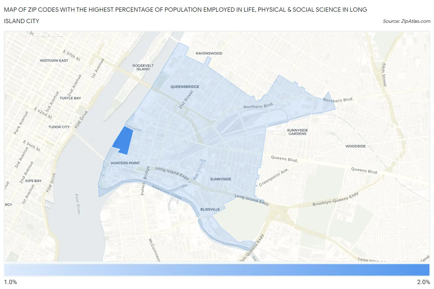 Zip Codes with the Highest Percentage of Population Employed in Life, Physical & Social Science in Long Island City Map