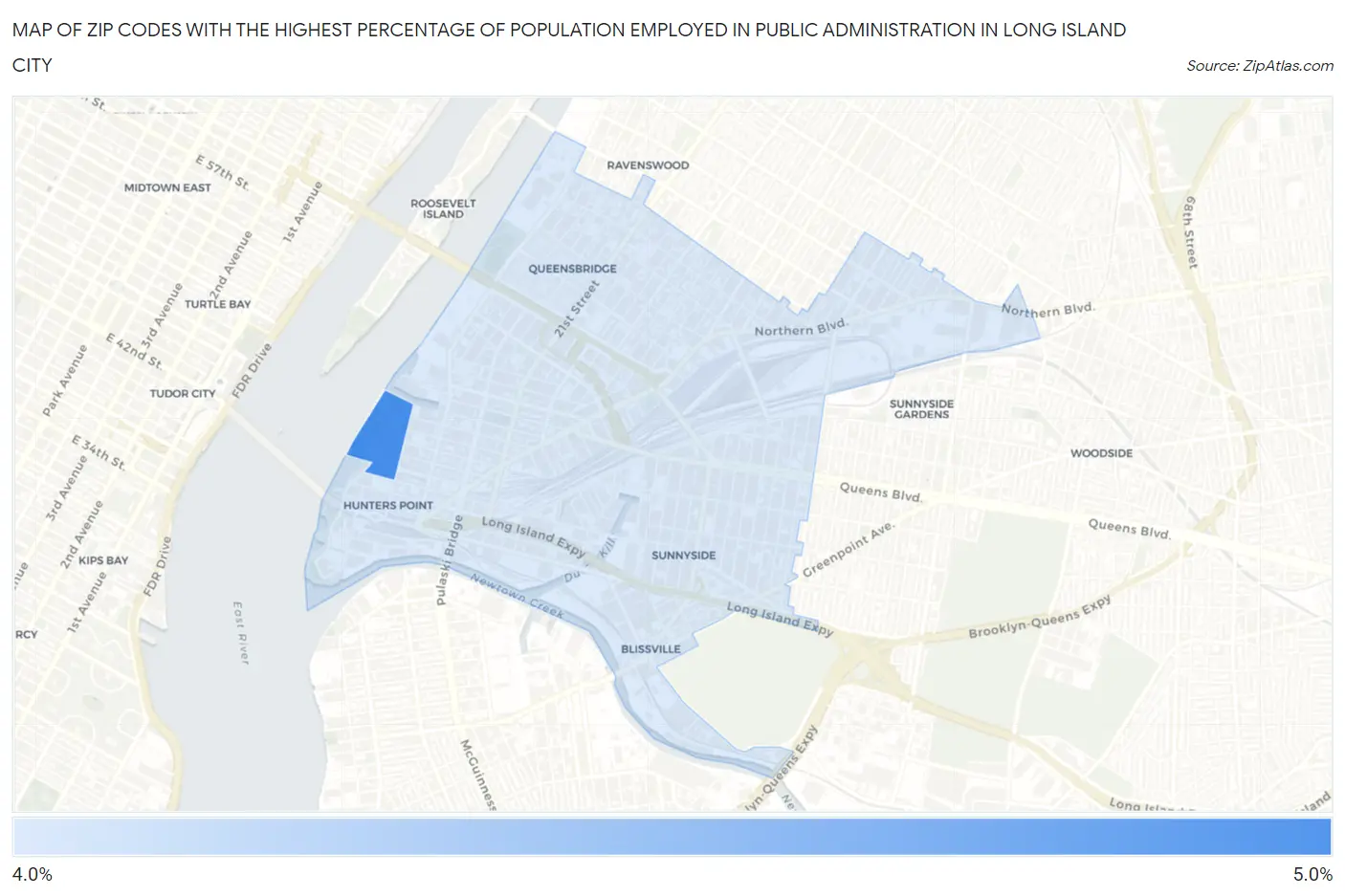 Zip Codes with the Highest Percentage of Population Employed in Public Administration in Long Island City Map