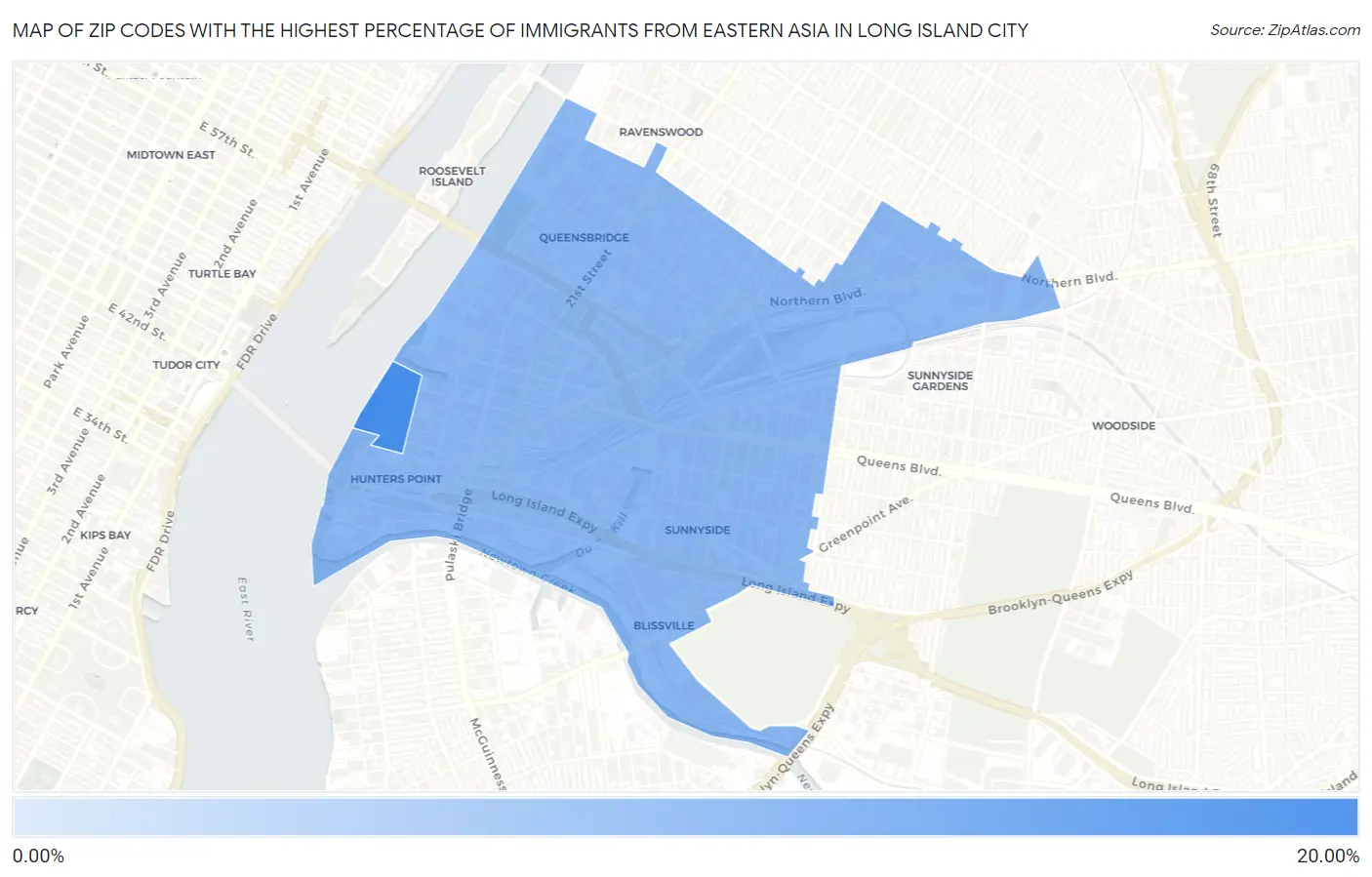 Zip Codes with the Highest Percentage of Immigrants from Eastern Asia in Long Island City Map