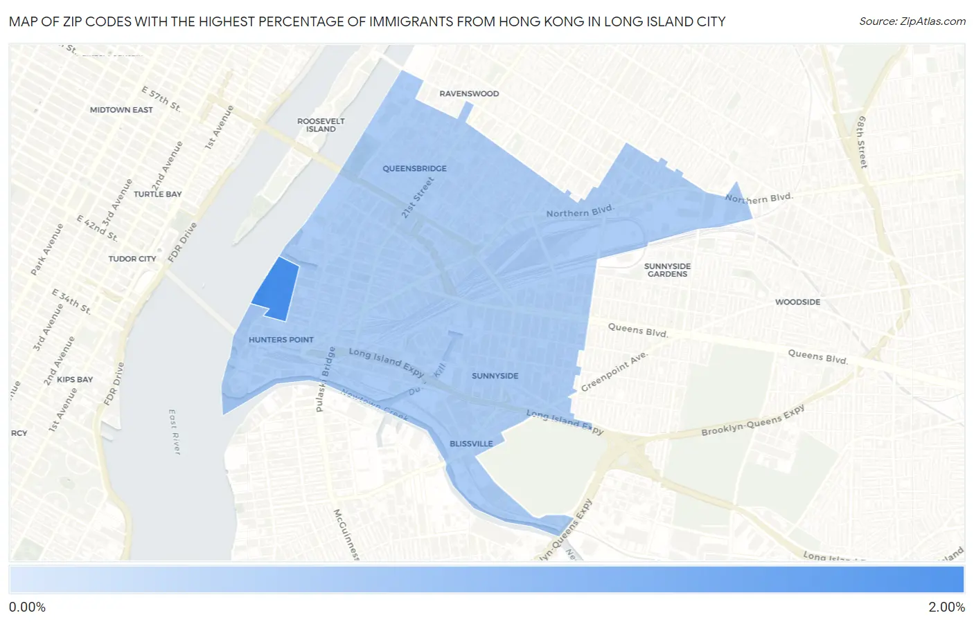 Zip Codes with the Highest Percentage of Immigrants from Hong Kong in Long Island City Map