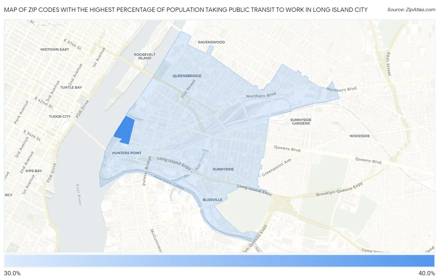 Zip Codes with the Highest Percentage of Population Taking Public Transit to Work in Long Island City Map