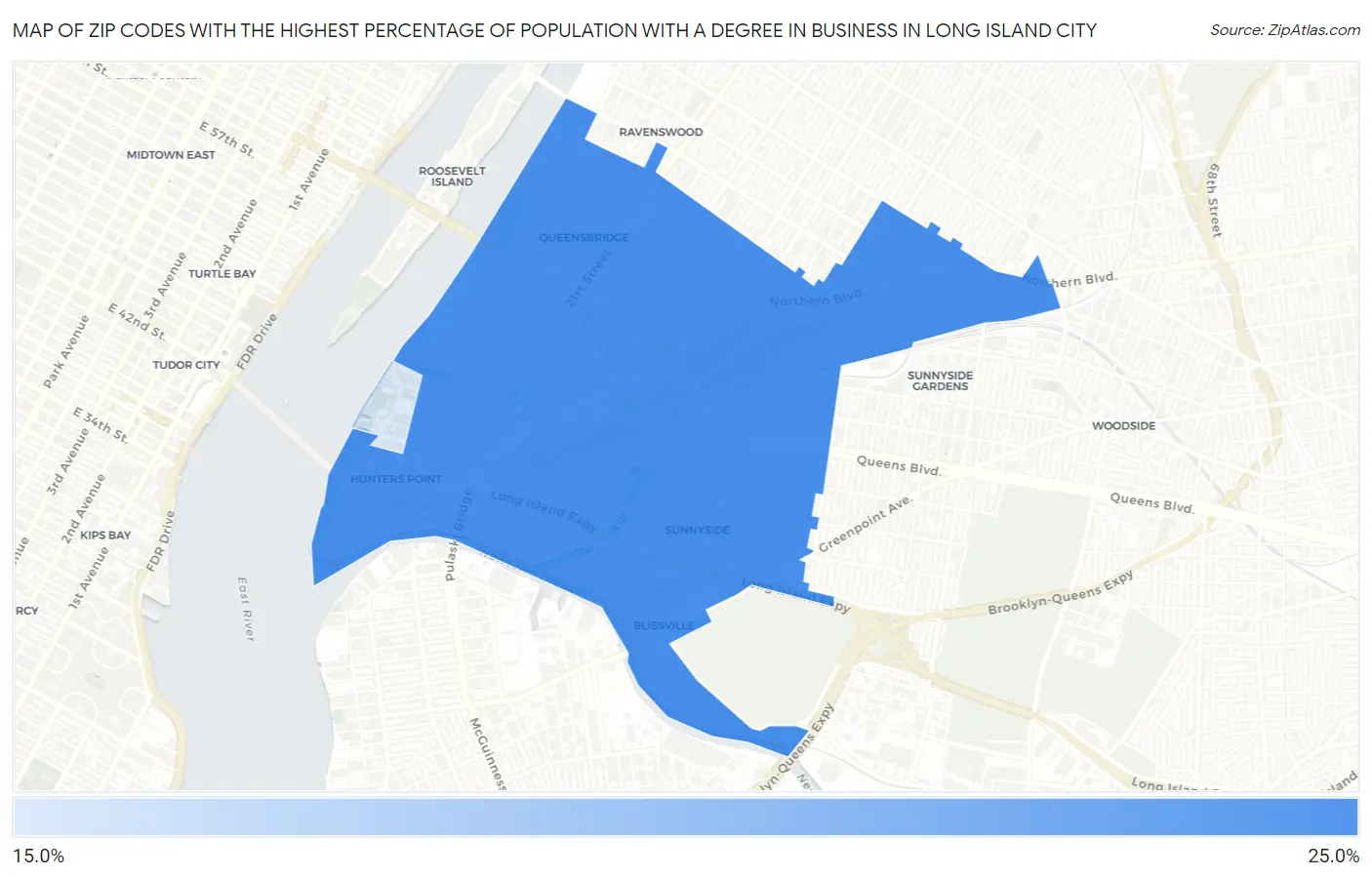 Zip Codes with the Highest Percentage of Population with a Degree in Business in Long Island City Map