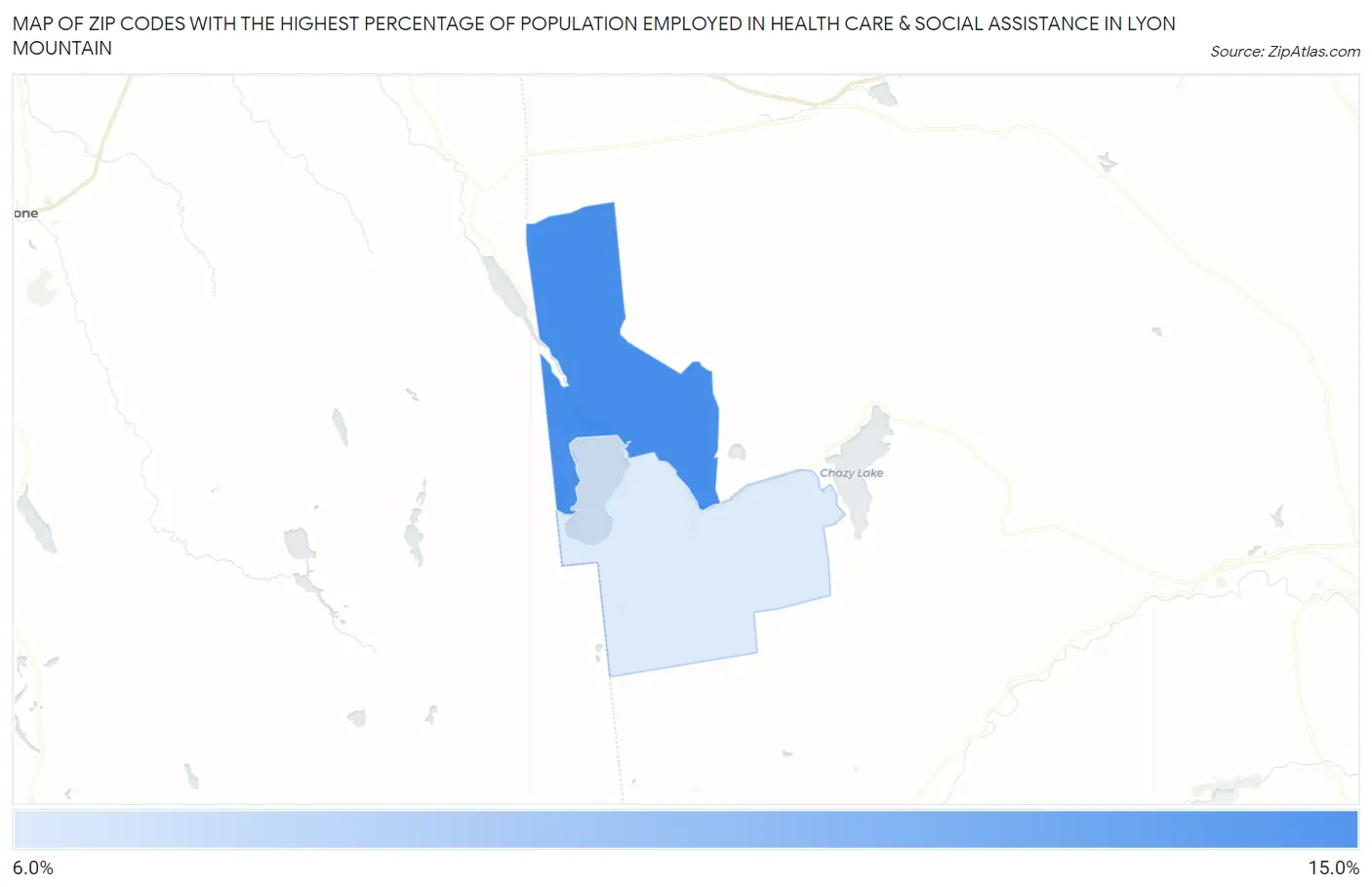 Zip Codes with the Highest Percentage of Population Employed in Health Care & Social Assistance in Lyon Mountain Map