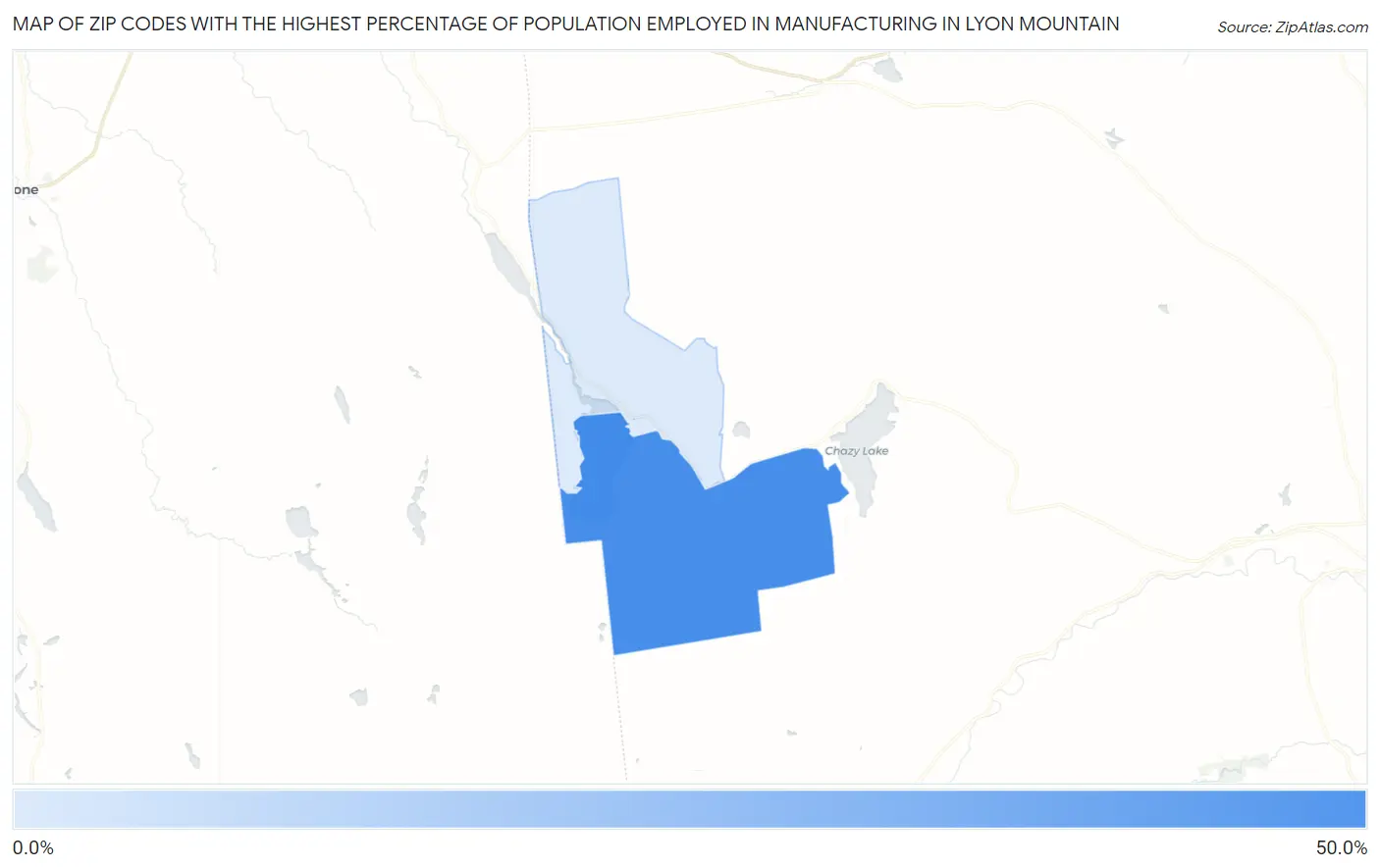 Zip Codes with the Highest Percentage of Population Employed in Manufacturing in Lyon Mountain Map