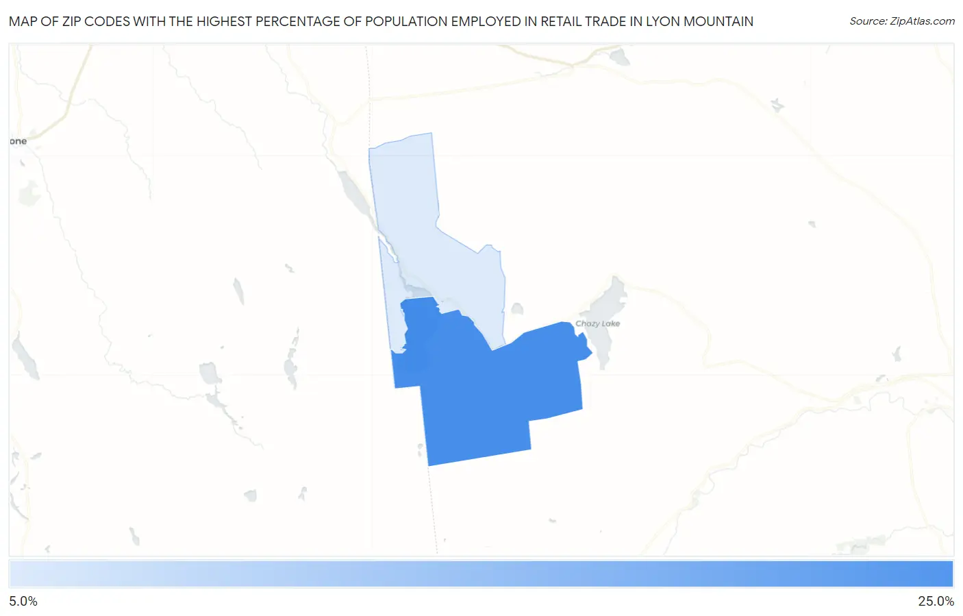 Zip Codes with the Highest Percentage of Population Employed in Retail Trade in Lyon Mountain Map